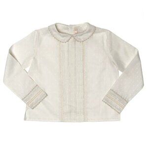 Early Sunday Kids Cream Polka Dot Long Sleeve Blouse W/ Scallop Peter Pan Collar